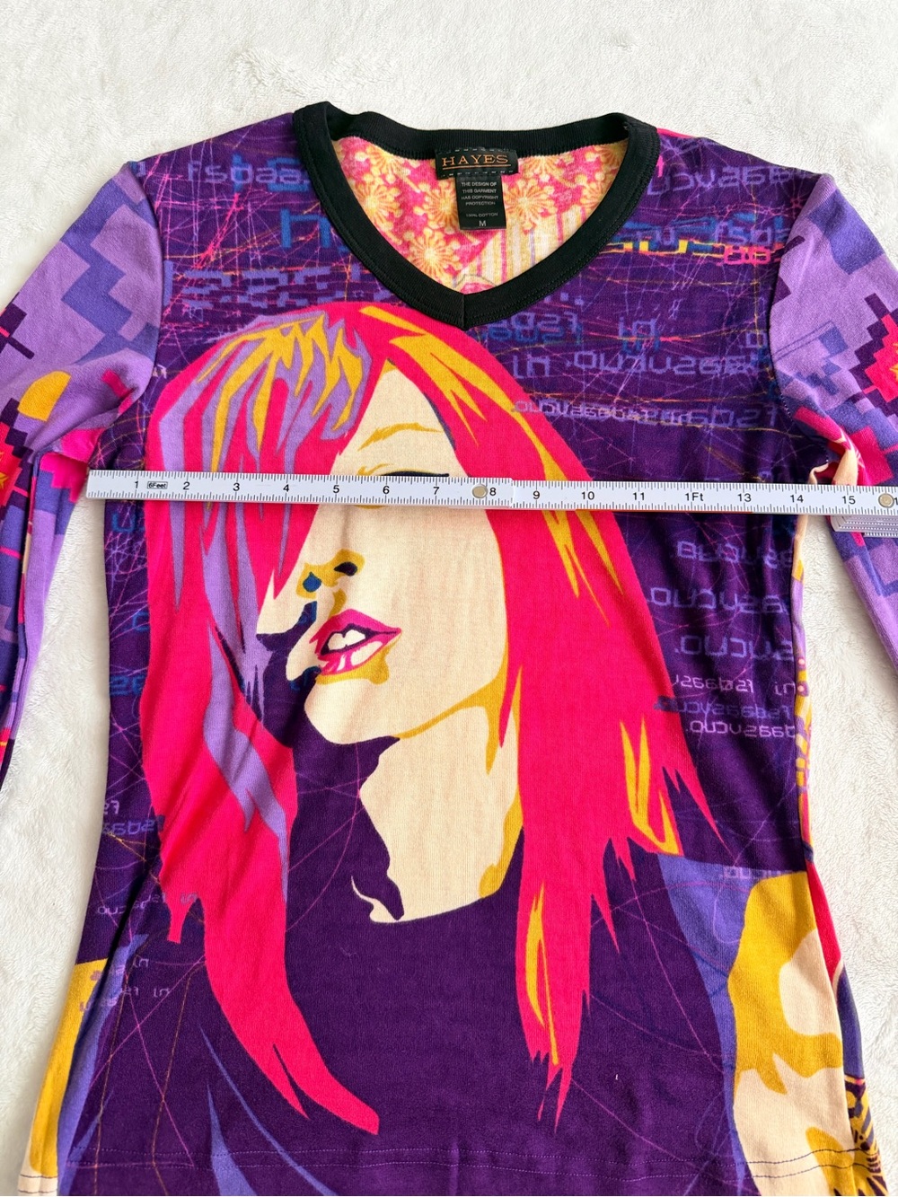 Hayes Custo Barcelona Y2K Portrait V-Neck Long Sleeve Tee 100% Cotton Medium - Picture 5 of 7